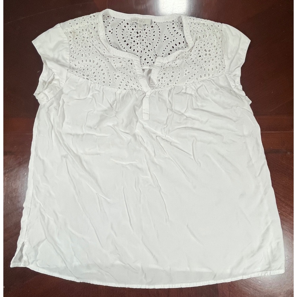 Pale Sky White Eyelet Yoke Top Rayon Cotton Boho Blouse PS18987RY7 Large Euc